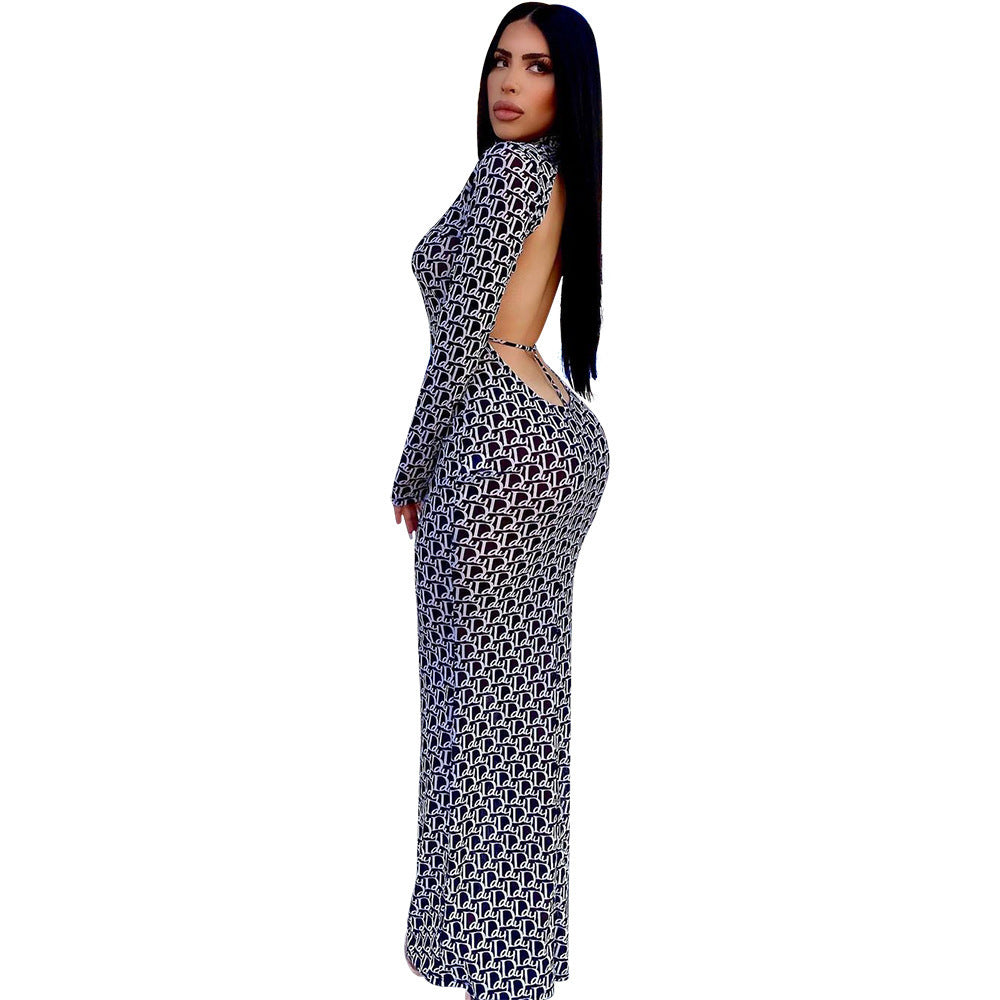 Mesh Print Backless Long Sleeve Maxi Dress