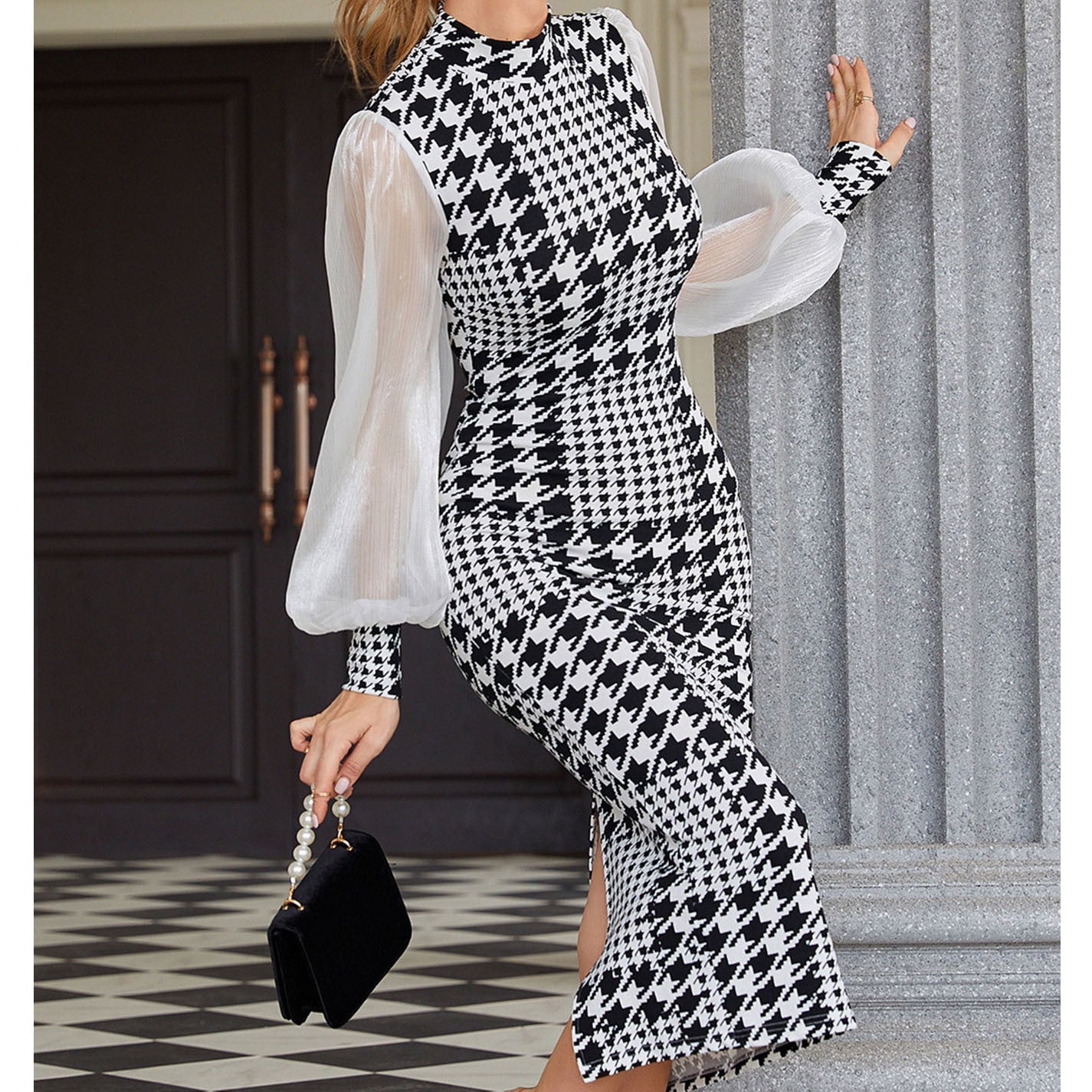 Plaid Puff Mesh Long Sleeve Dress