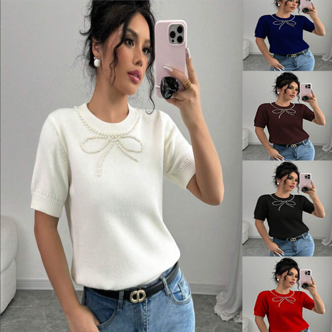 Rhinestone Bow Short Sleeve Slim Top