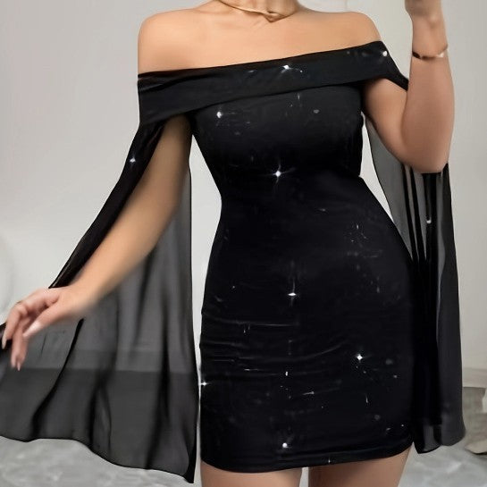 Diamante Off-the-shoulder Flared Long-sleeve Mini Dress