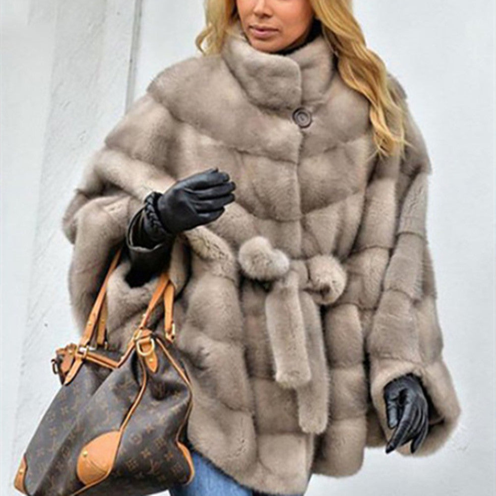 Faux Fur High Collar Belt Cape Jacket