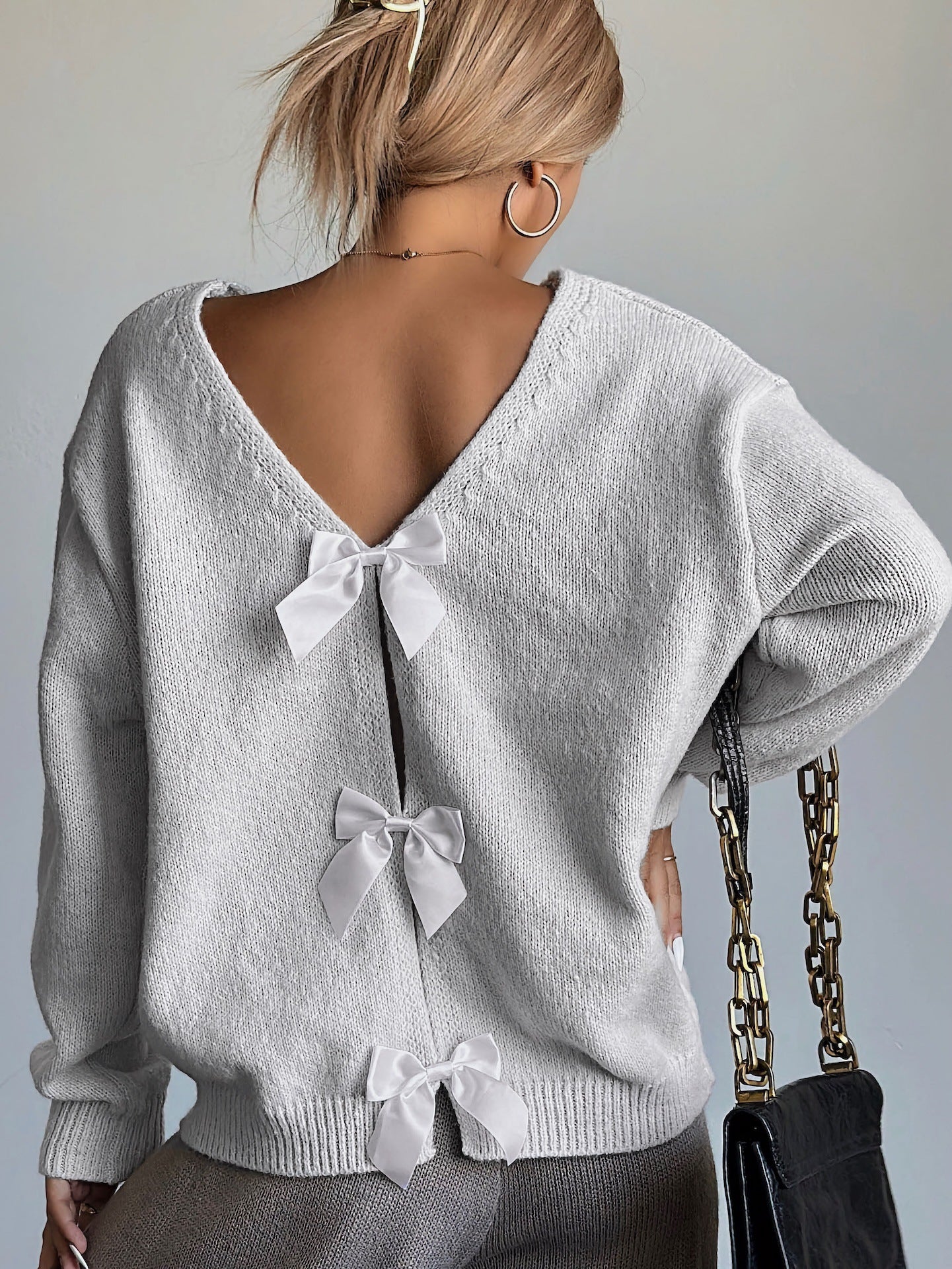 Back V-neck Tie-bow Knit Long-sleeve Sweater