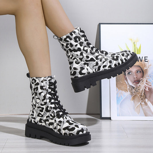 Black White Leopard Print Low Heel Boots