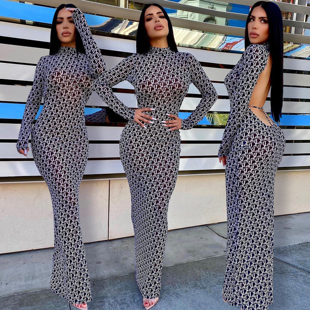 Mesh Print Backless Long Sleeve Maxi Dress