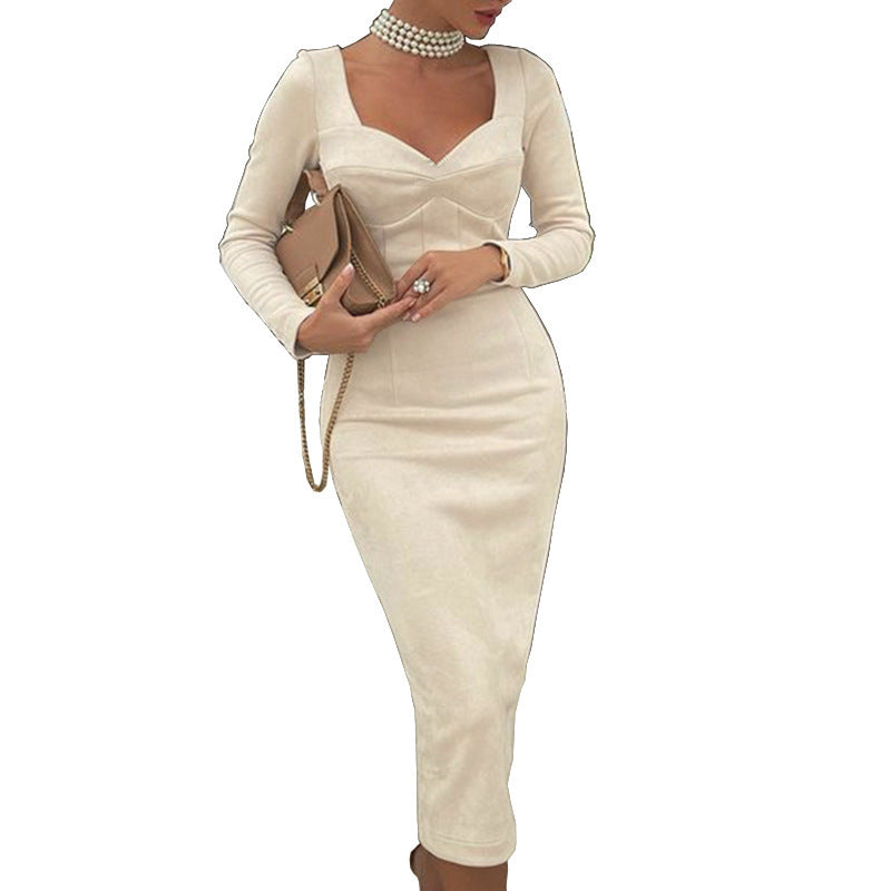 Sweetheart Neckline Long Sleeve Midi Dress