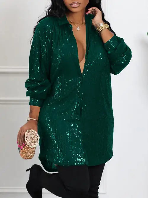 Sequin Long Sleeve Shirt Dress