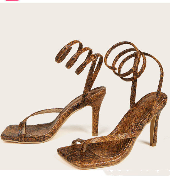 Snake Print Snake Wrap High Heel Sandals