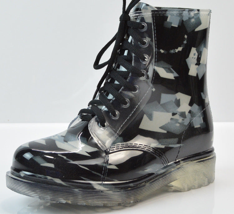 PVC Print Lace-up Flat Heel Ankle Rain Boots