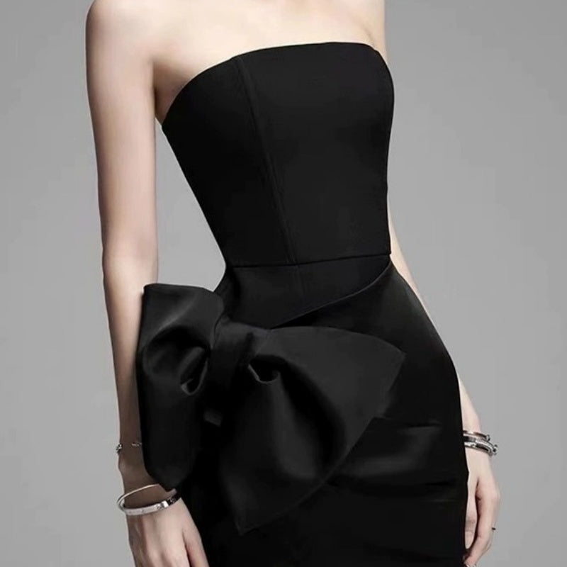 Black Satin Strapless Side Bow Mini Dress