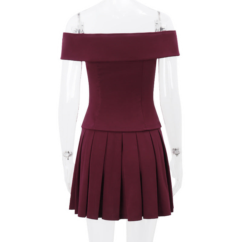 Off The Shoulder Double-breasted Top And Pleated Skirt Two-piece Suit