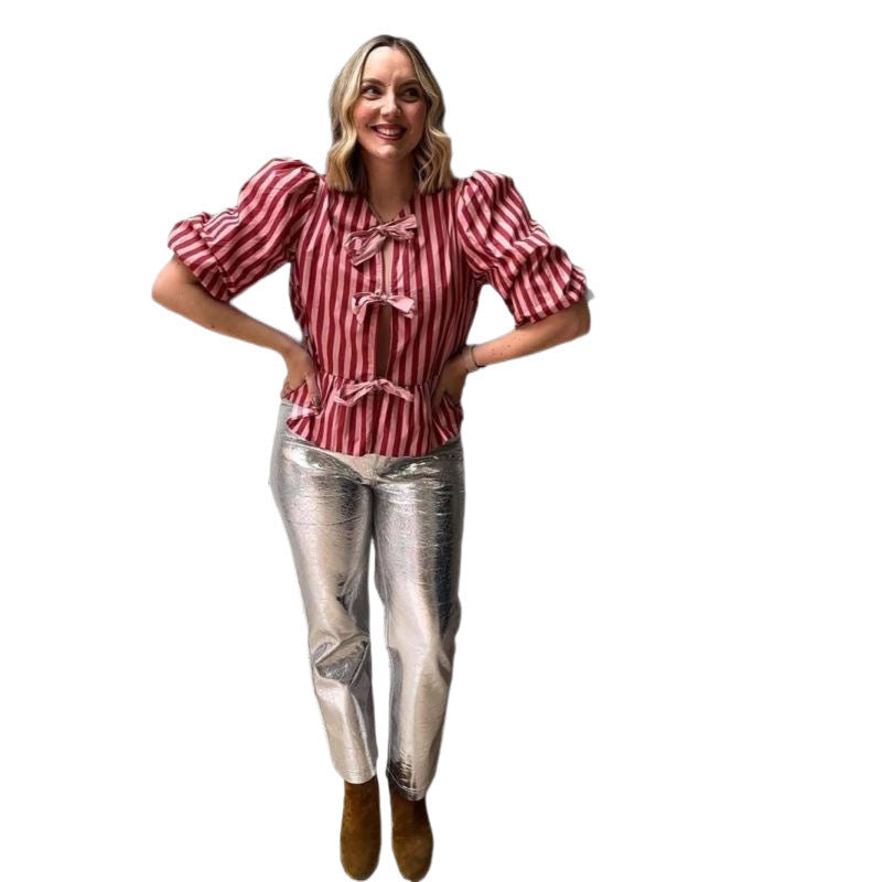 Stripes Bow Padded Shoulder Short Sleeve Top