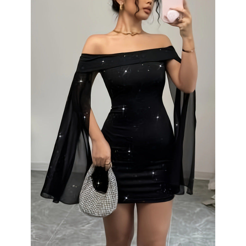 Diamante Off-the-shoulder Flared Long-sleeve Mini Dress