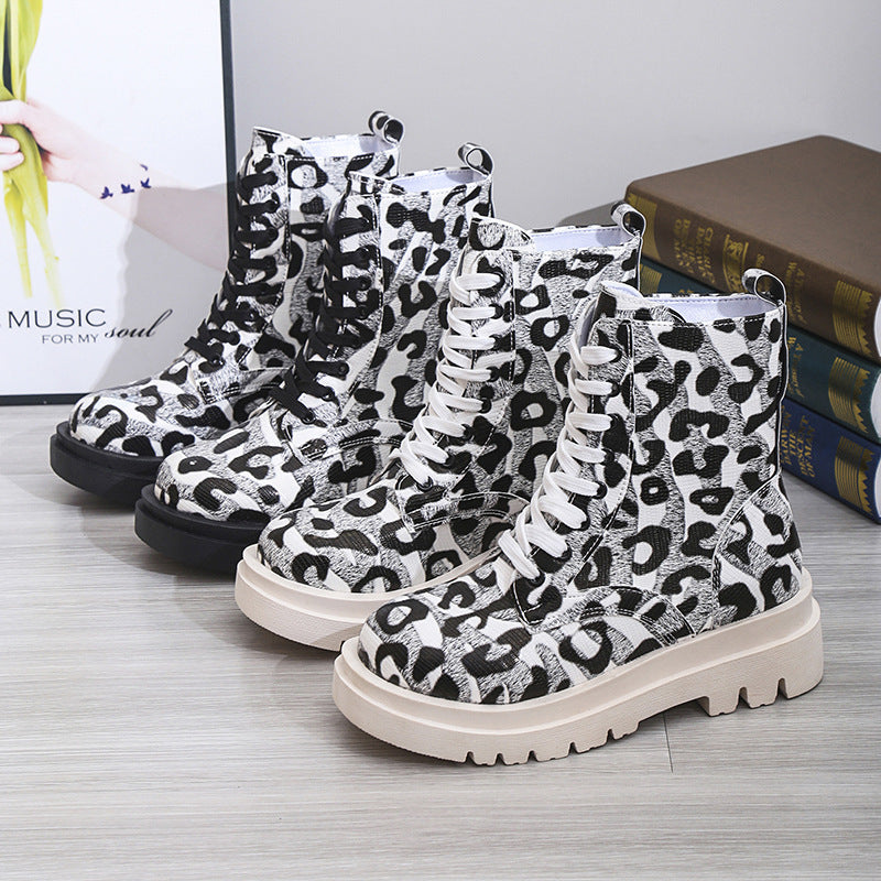Black White Leopard Print Low Heel Boots