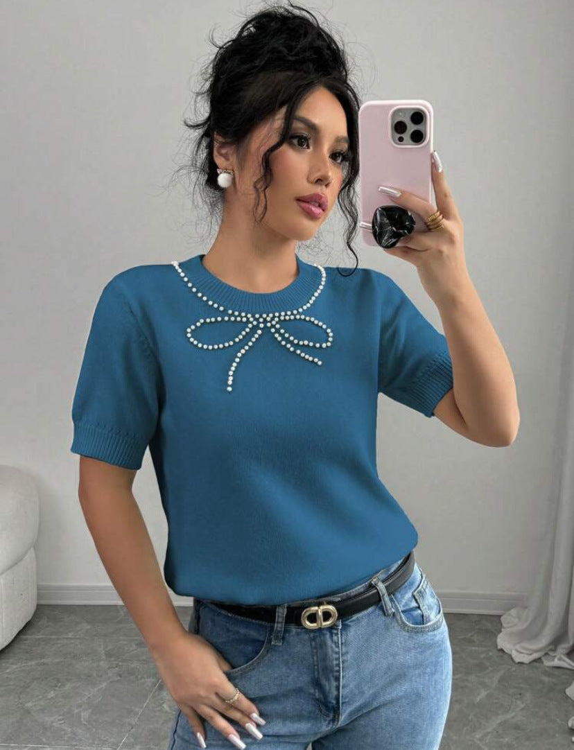 Rhinestone Bow Short Sleeve Slim Top