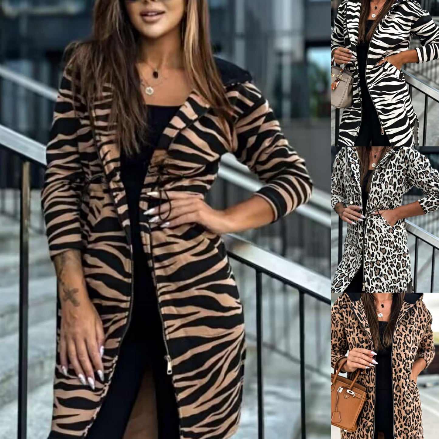 Trench Animal Print Hooded Long-sleeved Coat