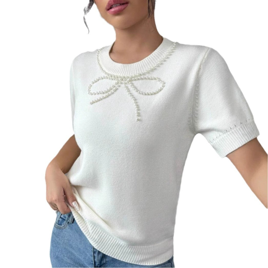 Rhinestone Bow Short Sleeve Slim Top