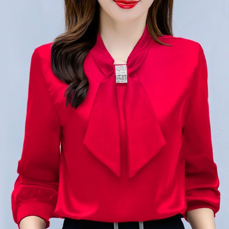 Satin V-Neck Bow Diamante Long Sleeve Blouse
