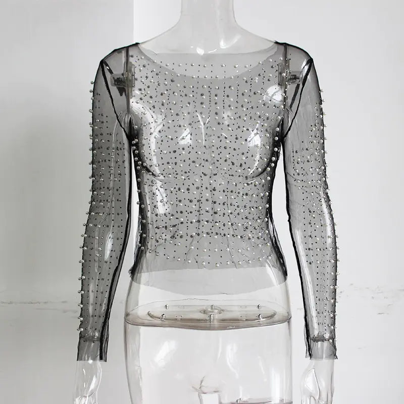 Pearl and Diamante Mesh Patchwork Crop Top