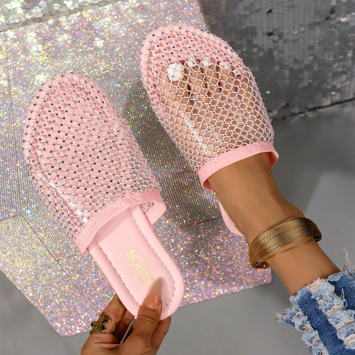 Hollow Rhinestones Flat Sandals