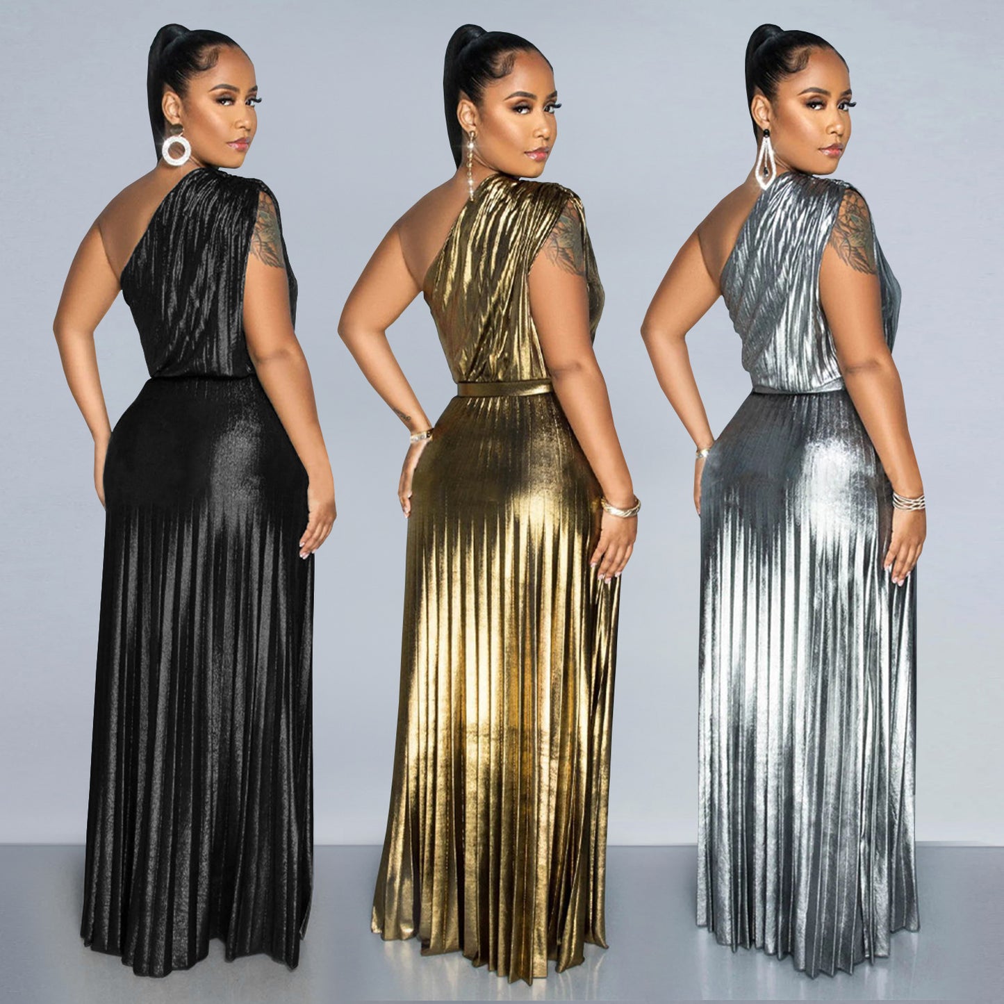 Metallic Oblique Shoulder Pleated Sleeveless Dress