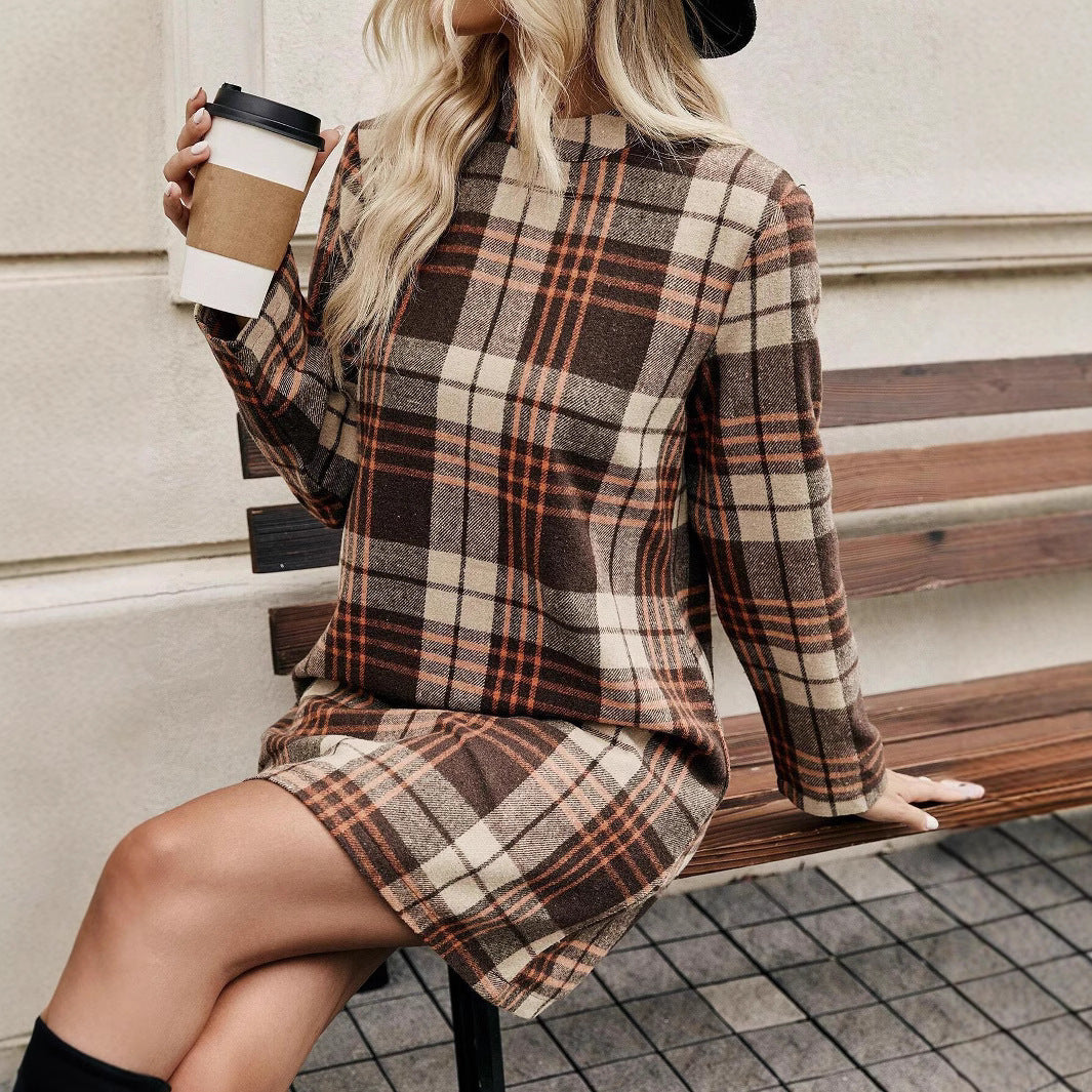 Brown Plaid Long Sleeve Dress