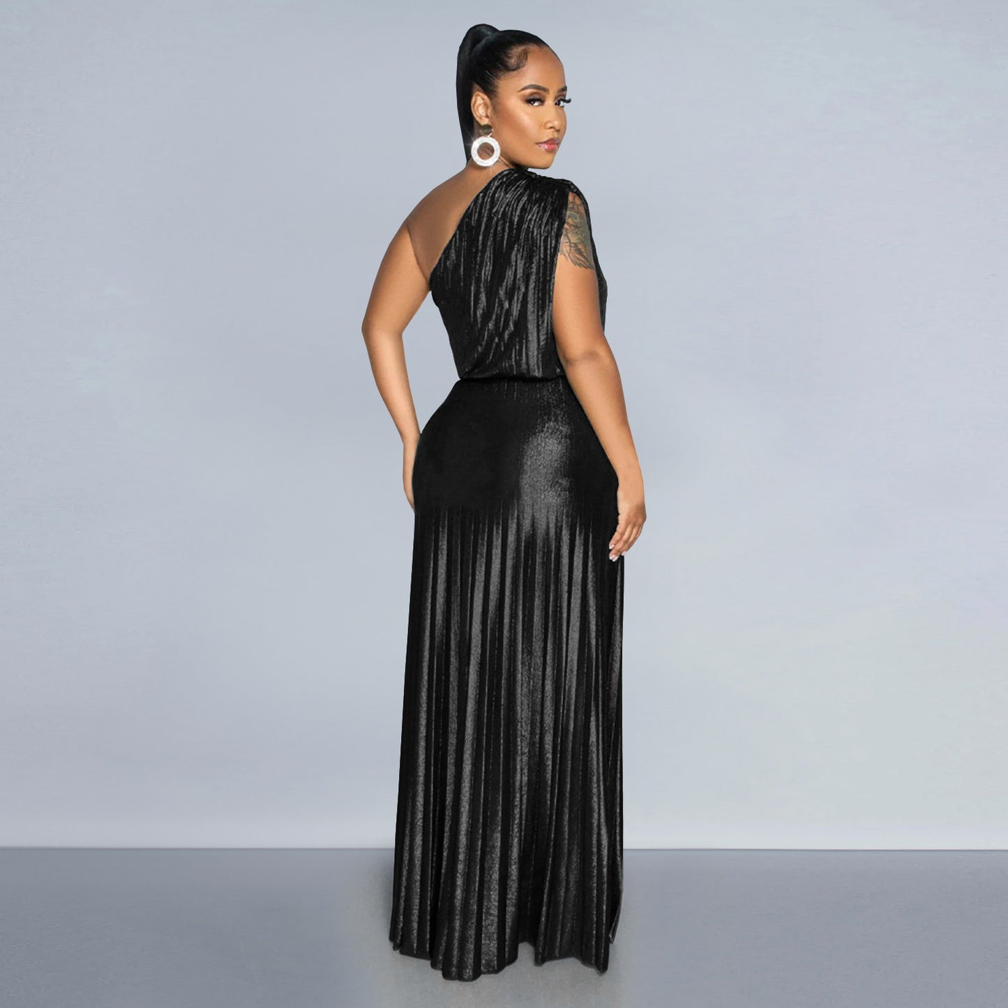 Metallic Oblique Shoulder Pleated Sleeveless Dress