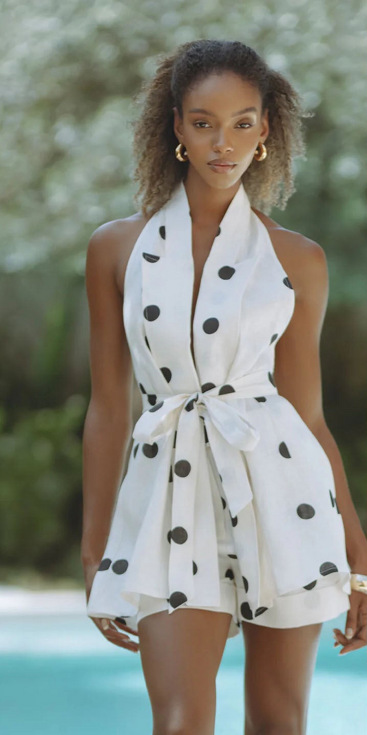 Halter-neck Sleeveless Polka Dot Belted Shorts Jumpsuit