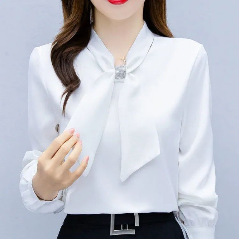 Satin V-Neck Bow Diamante Long Sleeve Blouse