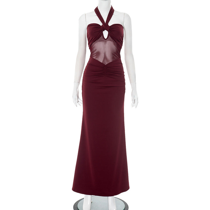 Halter Neck Tulle Hollow Backless Long Dress