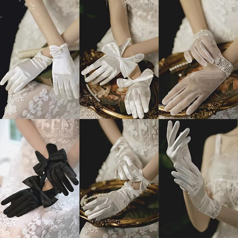 Satin Pearl Lace Bow Short Gloves