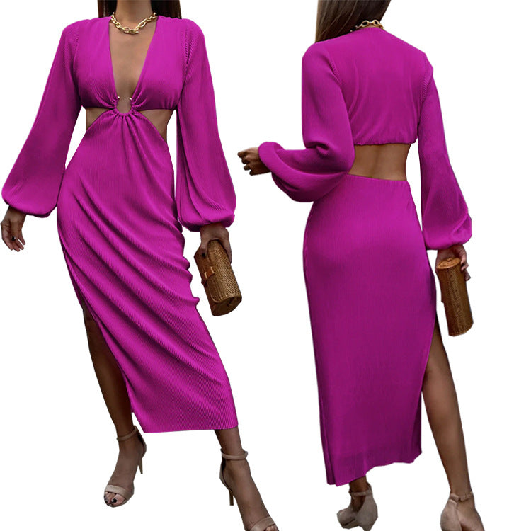 Deep V-Neck Hollow Waist Spilt Long Sleeve Dress