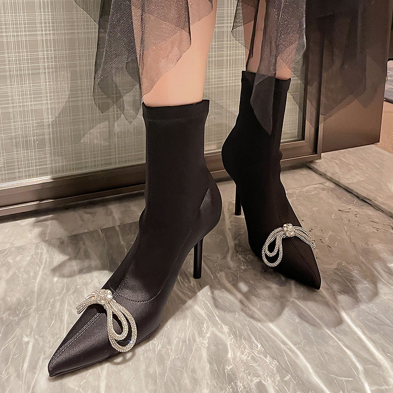 Rhinestone Pointed Toe Long And Short High Heel Boots