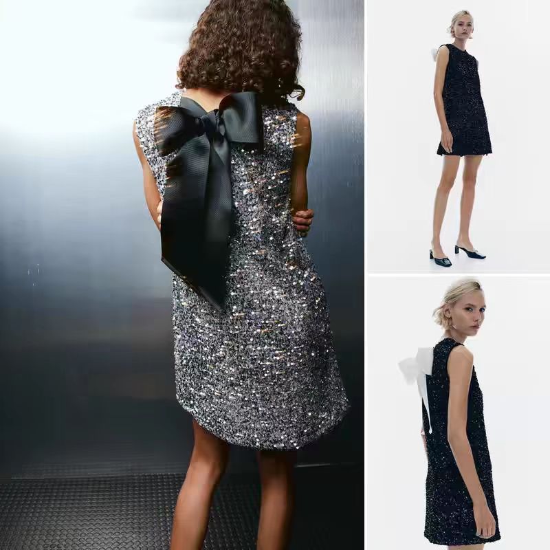 Sequin Back Bow Sleeveless Dress