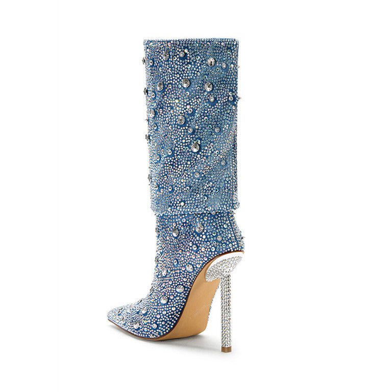 Jewel Embroided Denim High Heel Boots