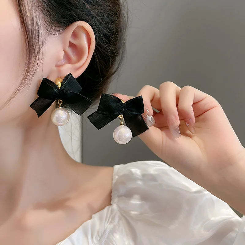 French Black Bow Pearl Drop Earrings