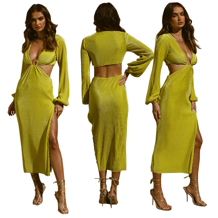 Deep V-Neck Hollow Waist Spilt Long Sleeve Dress