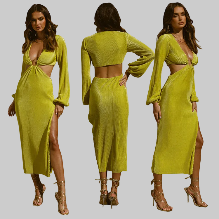 Deep V-Neck Hollow Waist Spilt Long Sleeve Dress