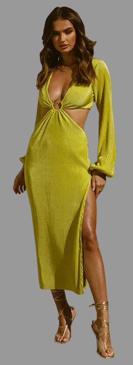 Deep V-Neck Hollow Waist Spilt Long Sleeve Dress