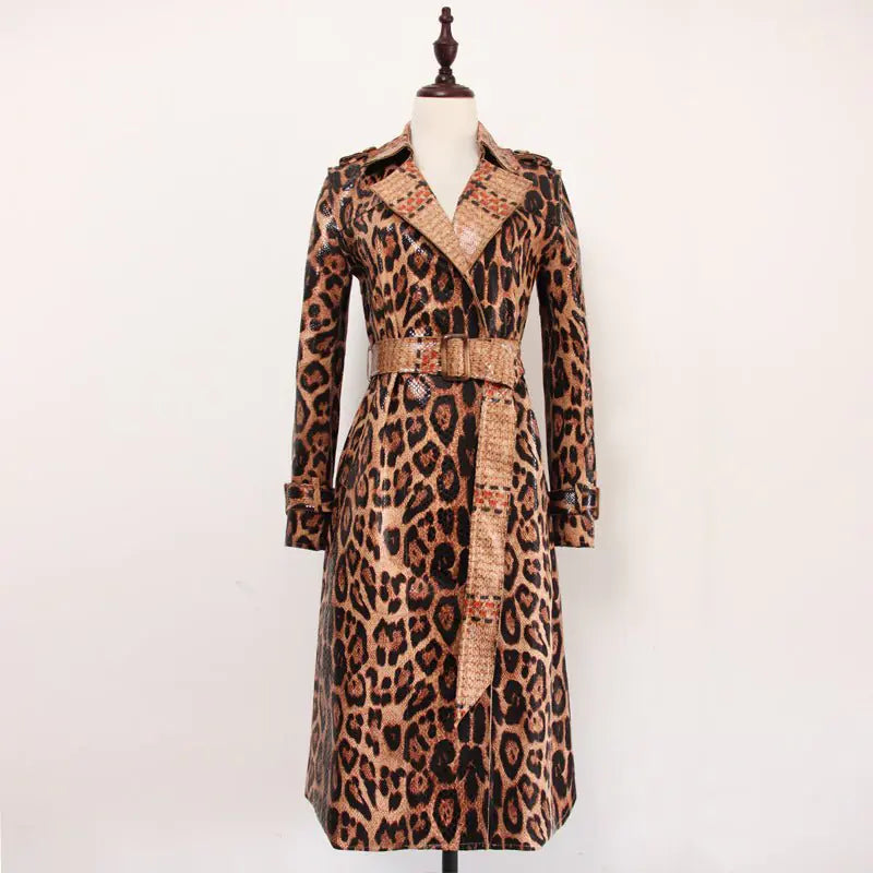 Leopard Print PU Leather Trench Coat