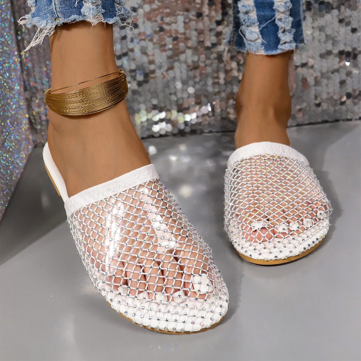 Hollow Rhinestones Flat Sandals