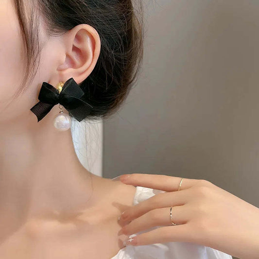 French Black Bow Pearl Drop Earrings