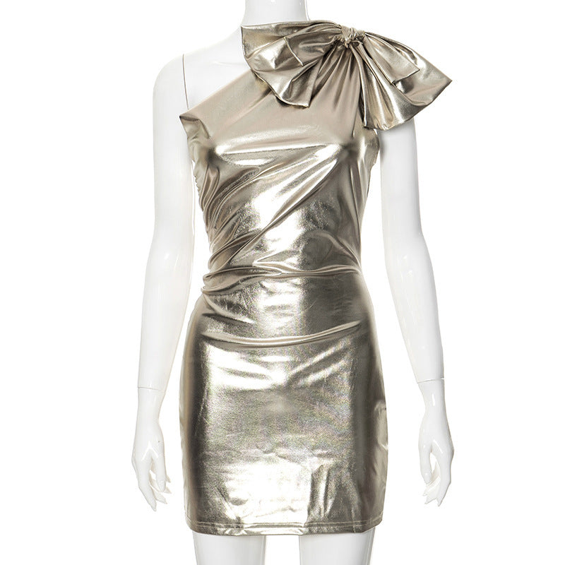 Metallic Large Bow One Shoulder Short Dress