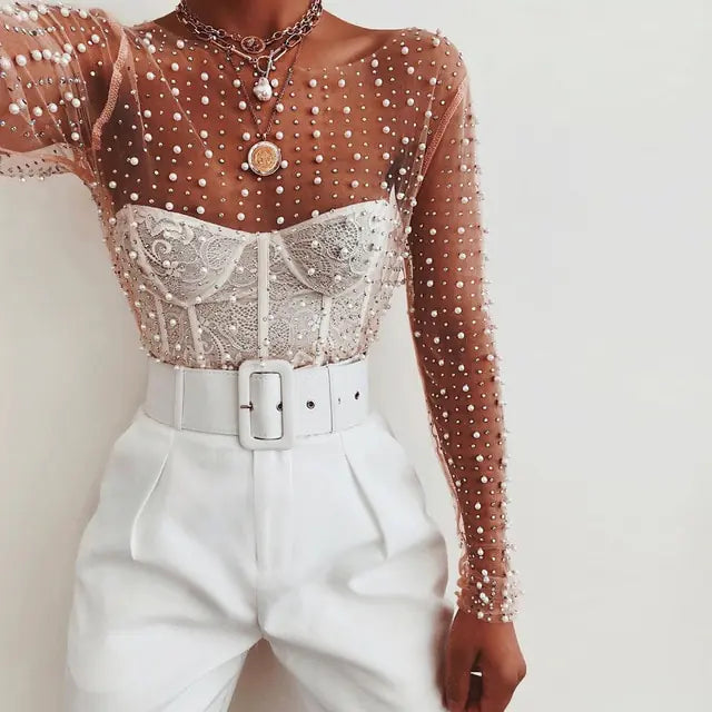 Pearl and Diamante Mesh Patchwork Crop Top