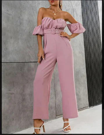 Off-the-Shoulder Pink Belted Jumpsuit