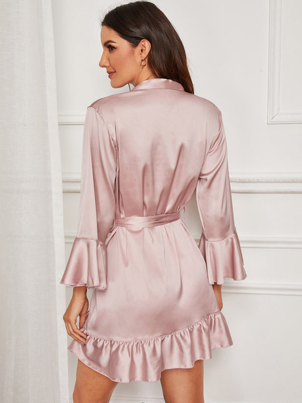 Satin Ruffle Short Belted Dressing Gown