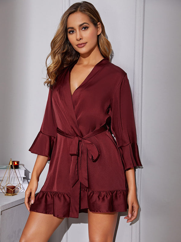 Satin Ruffle Short Belted Dressing Gown