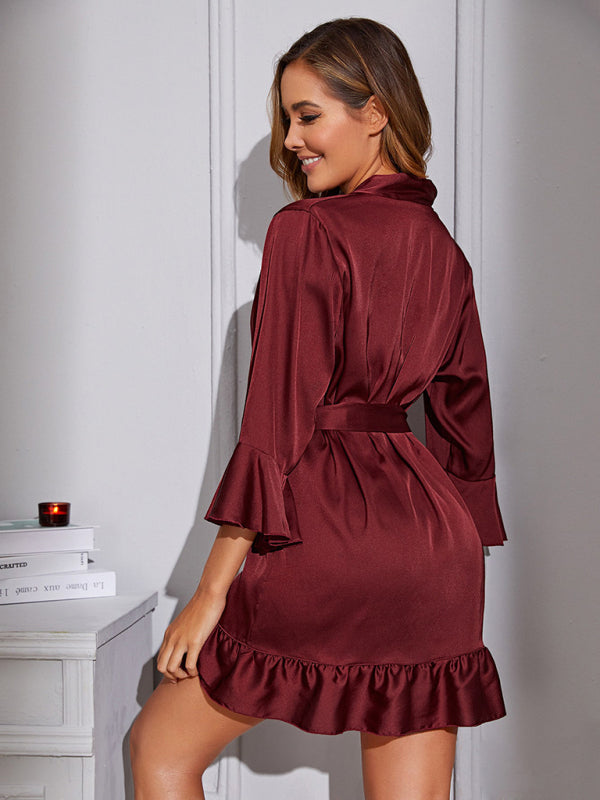 Satin Ruffle Short Belted Dressing Gown