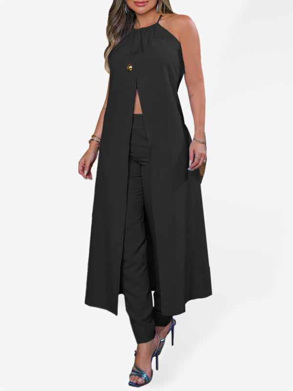 Halter Neck Backless Loose Top + High Waist Trousers Set