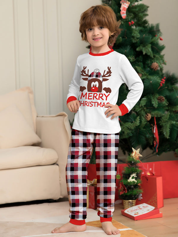 Christmas Deer Head Letter Print Parent-child Plaid Long-sleeved Homewear Two-piece Set