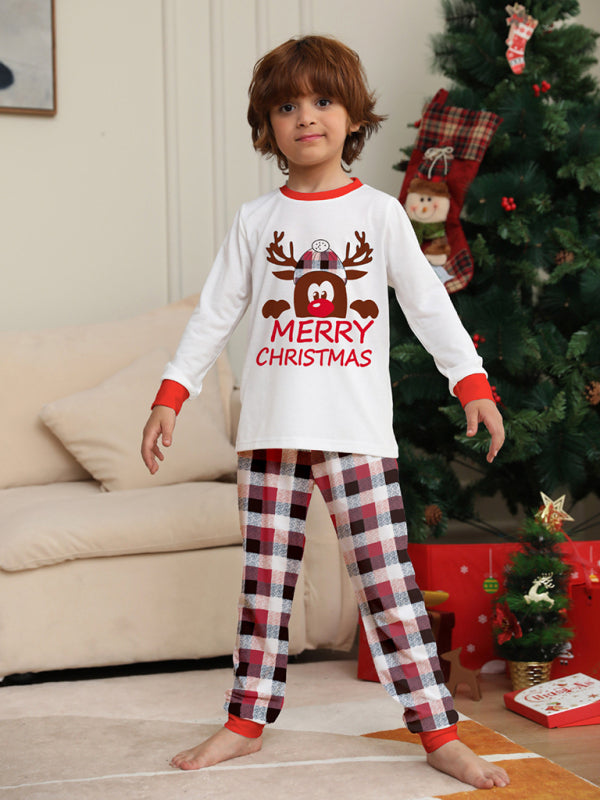 Christmas Deer Head Letter Print Parent-child Plaid Long-sleeved Homewear Two-piece Set